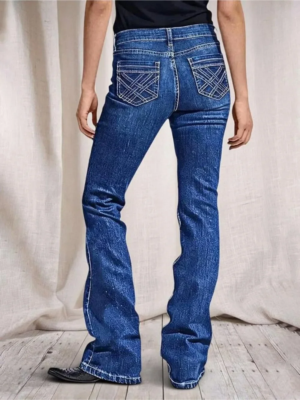 Women's Prussian Blue Pull On Mid Rise Flare Leg Zipper Lifting Bootcut Jeans